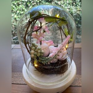 Easter Decoration Light Up Eggs Nest & Flowers in a Glass Dome on Wooden Base